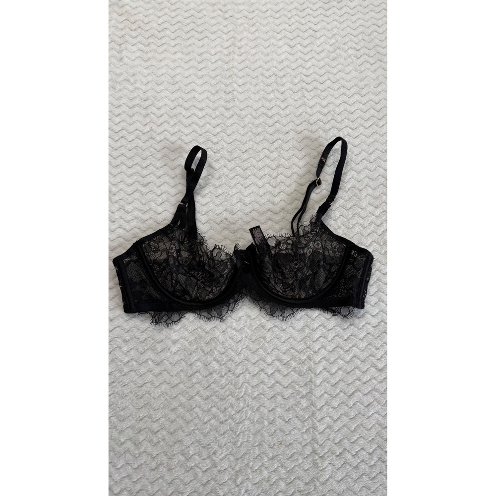 Victoria's Secret Very Sexy Black Floral Eyelash Lace Unlined Demi Bra 36B